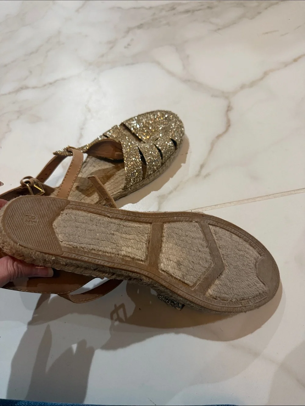 kate spade Gold Glitter Woven T-Strap Sandals